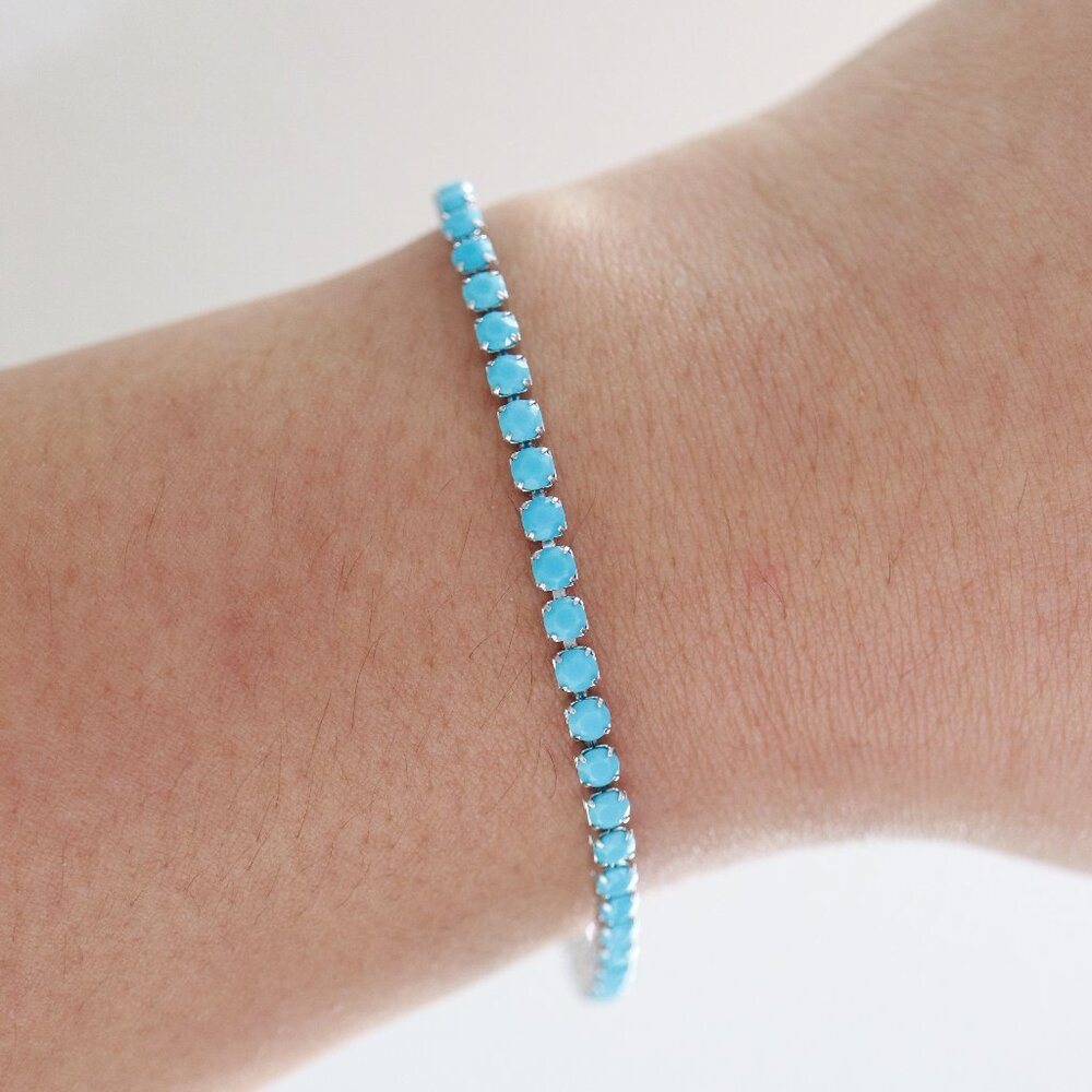 Turquoise CZ Diamond Silver Tennis Chain Bracelet Stainless Steel
